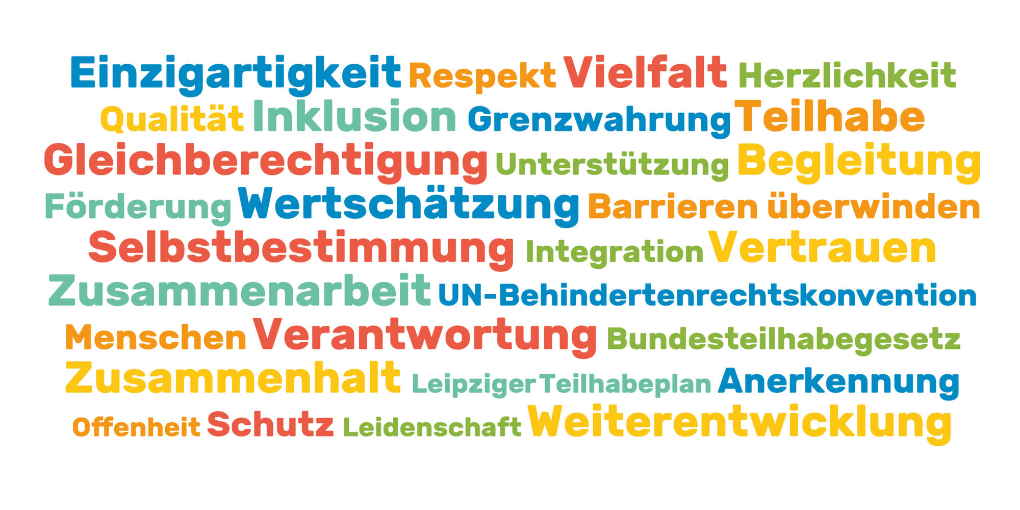 Viele bunte W&ouml;rter wie zum beispiel: Inklusion, Teilhabe, Respekt, Vertrauen, Selbstbestimmung, Zusammenhalt