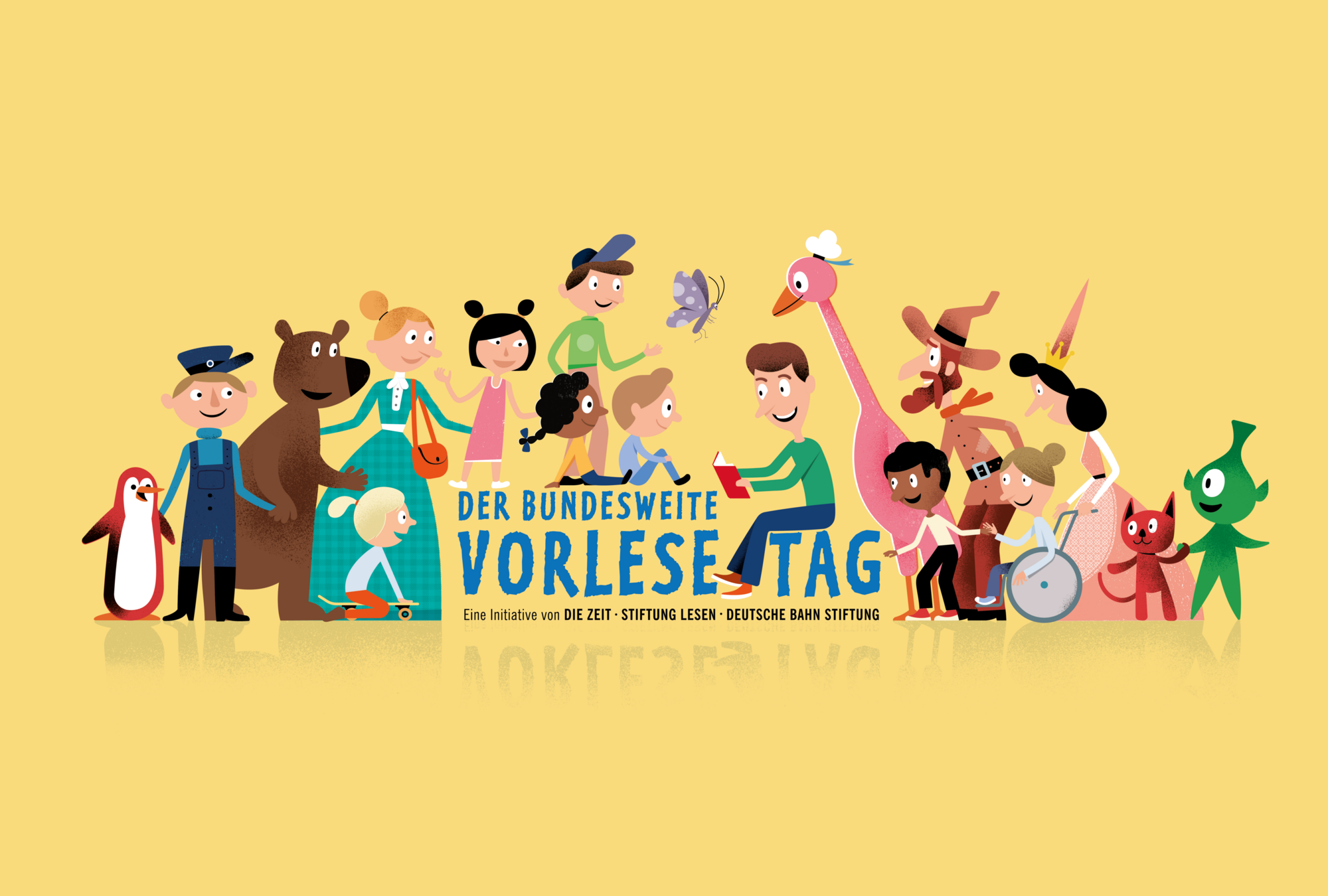 Viele Comicfiguren sind zu sehen: Menschen, Tiere und Fabelwesen. Sie schauen zu einem Mann mit einem Buch in der Hand