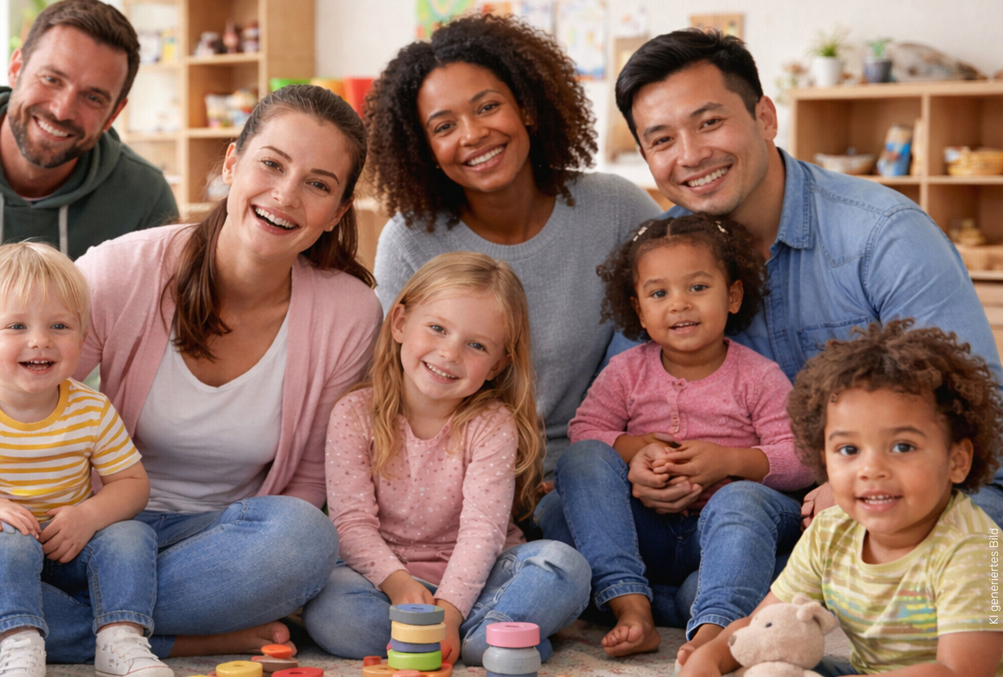 Eltern, Kinder und eine Erzieherin sitz auf dem Boden in einem Gruppenraum und lachen in die Kamera