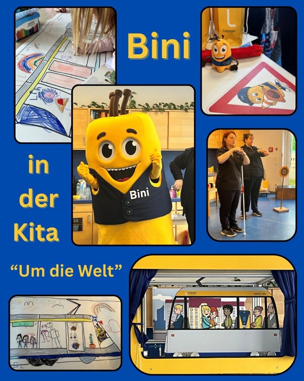 Eine Fotocollage mit Bildern, darauf das LVB-Maskottchen Bini in Lebensgr&ouml;&szlig;e