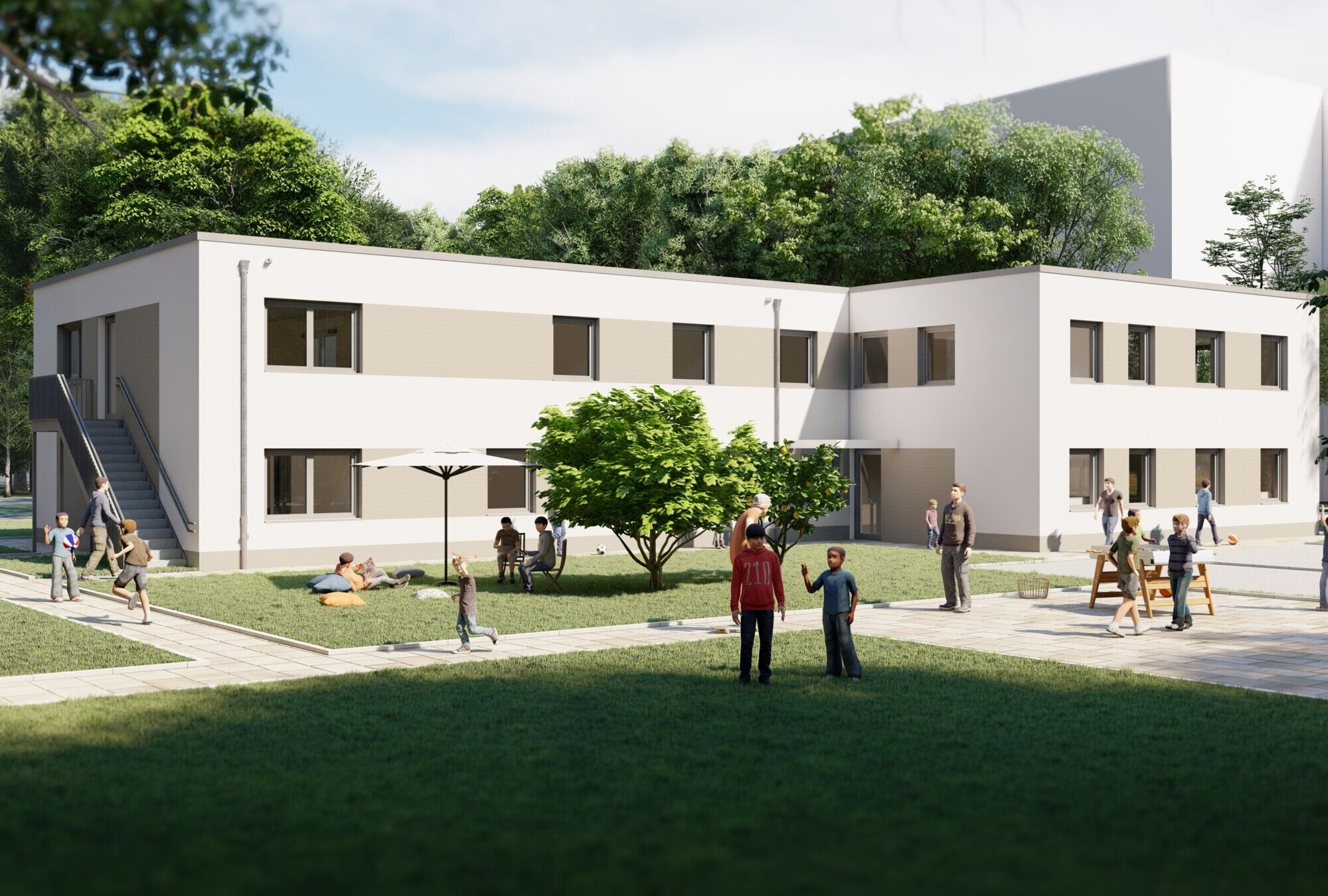 Ansicht Wohngeb&auml;ude und Garten der Wohngruppen Wellenbrecher