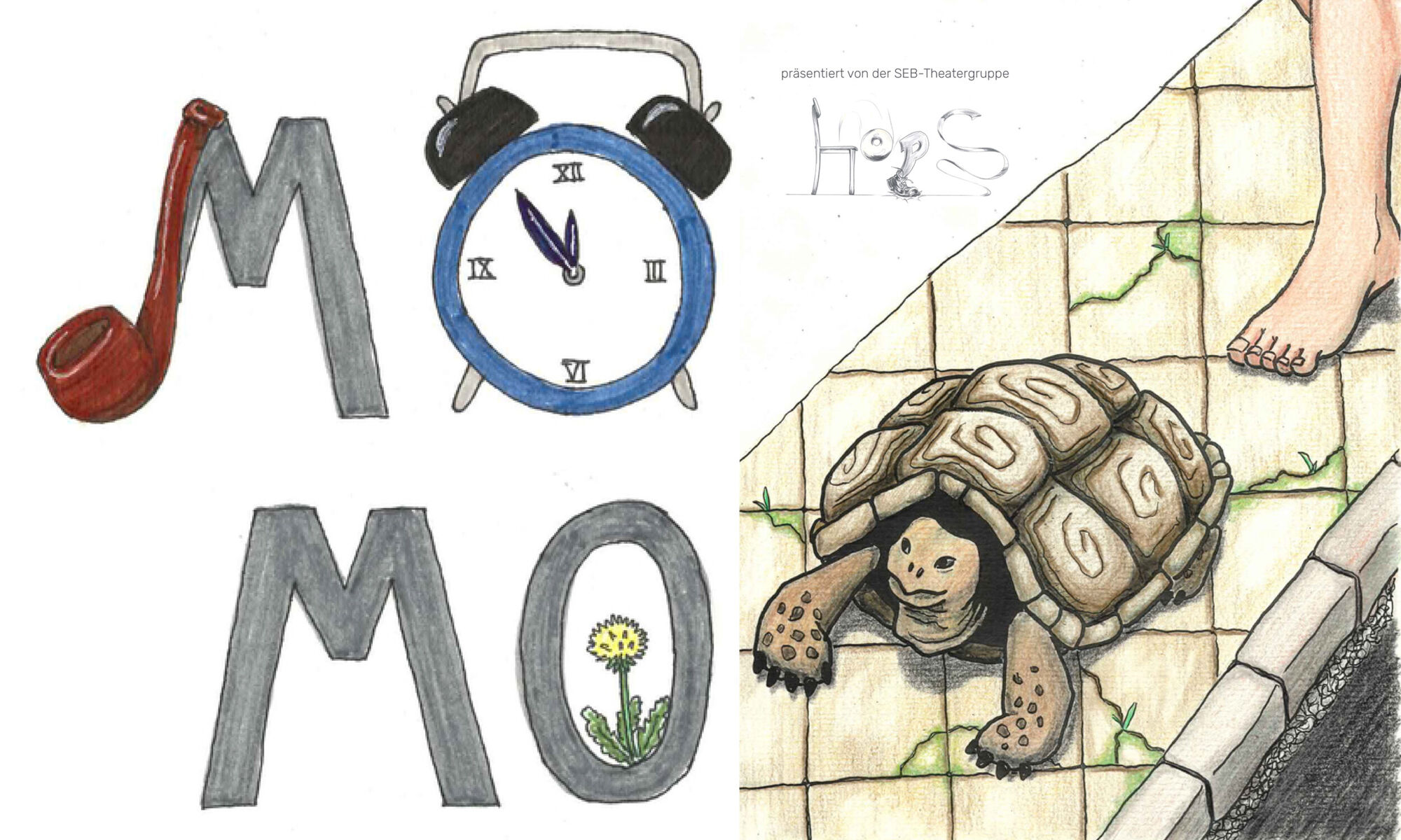 eine Zeichnung einer Schildkr&ouml;te auf einem Weg und des Schriftzuges MOMO mit einer Uhr, L&ouml;wenzahl und einer Pfeife