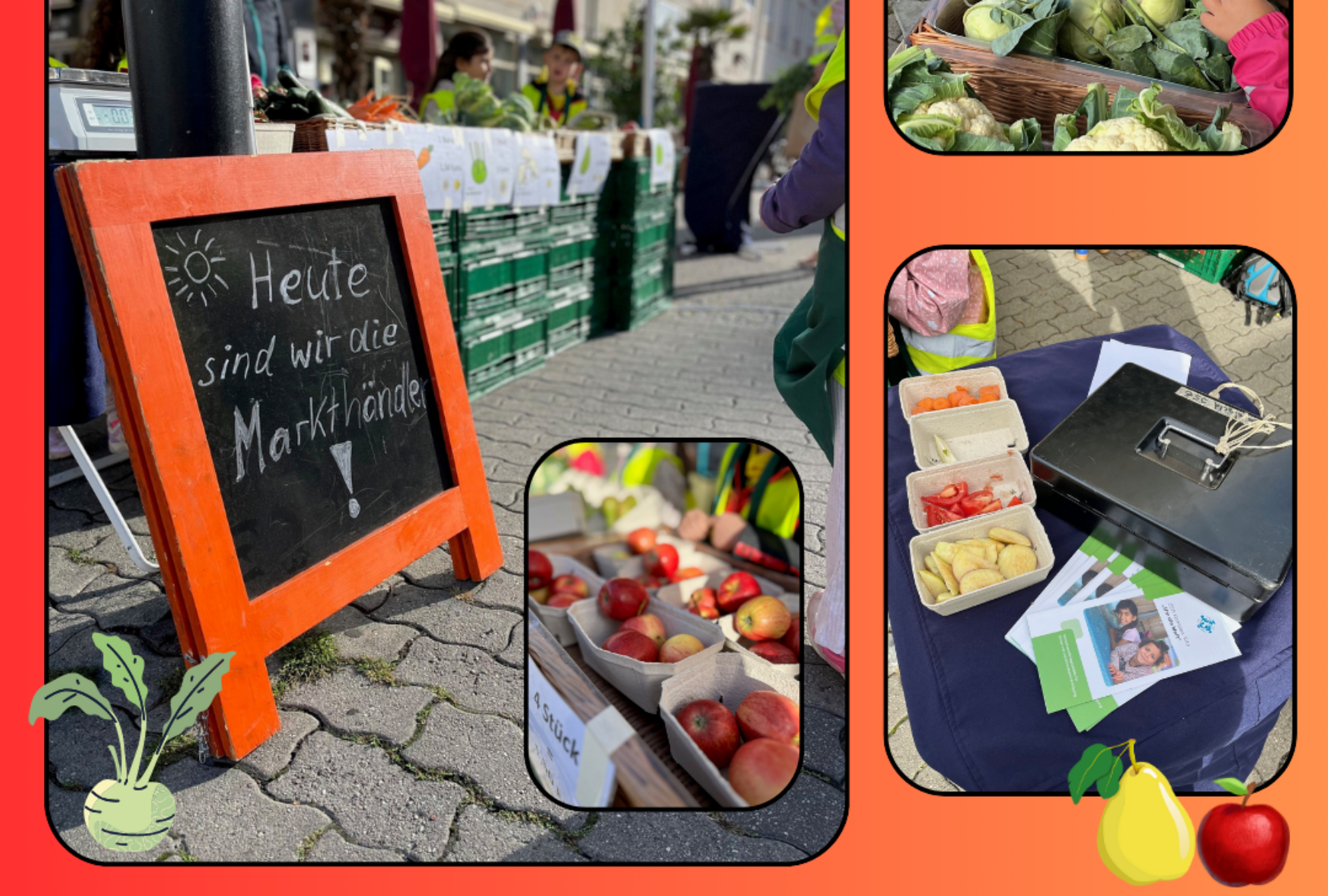 Obst und Gemüse stehen zum Verkauf in kleinen Kisten, Kinder stehen hinter dem Verkaufstisch
