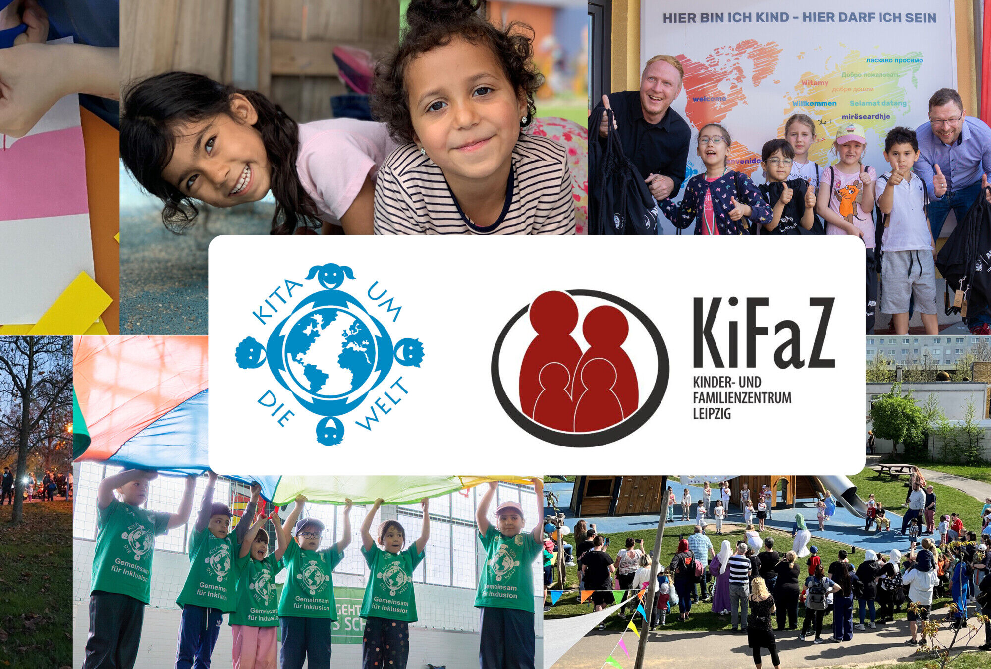 Bilder der Kita sind zu einer Collage platziert, darauf ist das Kita-Logo und das KiFaZ-Logo zu sehen
