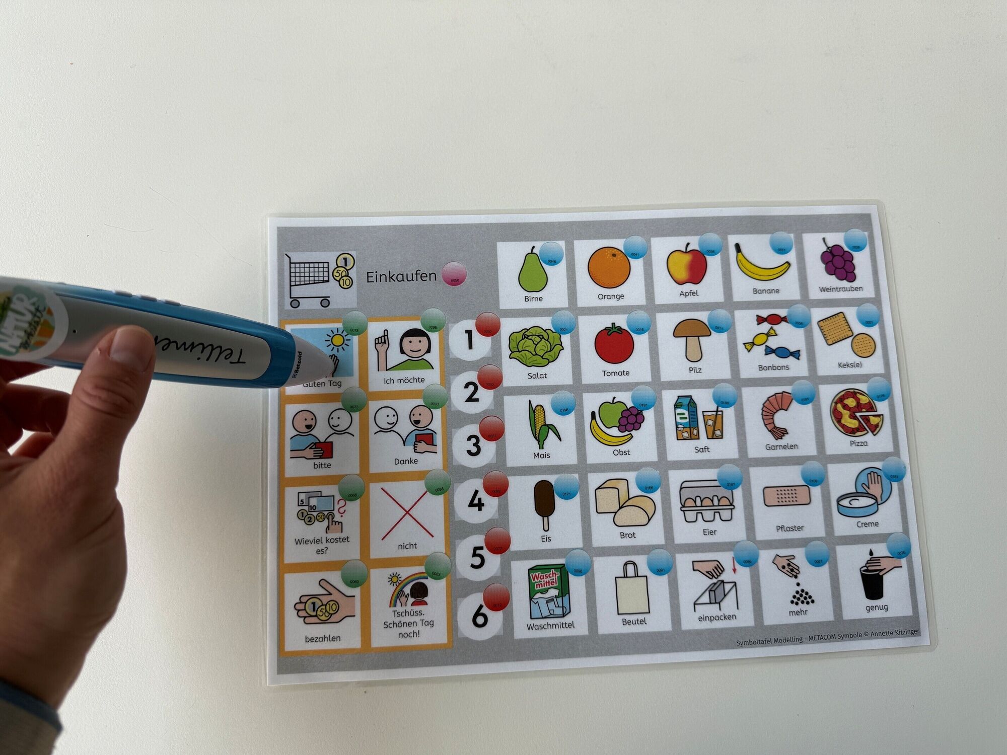 Eine Metacomtafel mit thematisch passenden Symbolen und einem Stift mit Vorlesefunktion