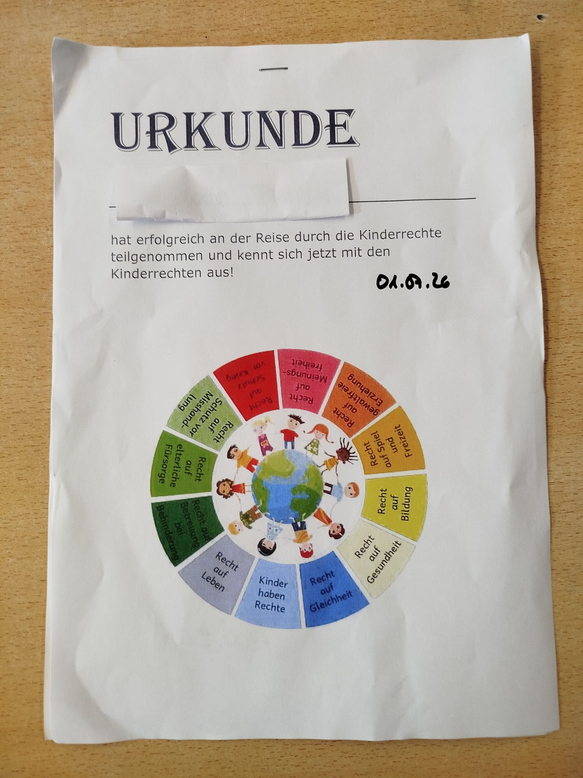 Eine Urkunde f&uuml;r die Teilnahme am Projekt